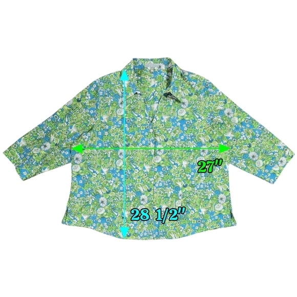 Foxcroft 100% Cotton Wrinkle Free Shaped Fit Blue Green Floral Button-Up Shirt - Picture 3 of 8